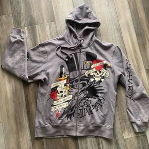 Ed Hardy Gray Hoodie with Multicolor Tattoo Graphics